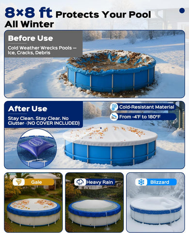 Pool Pillows for Above Ground Pools, 8x8 FT with Pump & Rope & Patch, 0.42mm Thick Winter Air Pillow Winterizing & Closing Kit Swimming Inground Pool, Inflatable Pool Cover Pillow Accessories