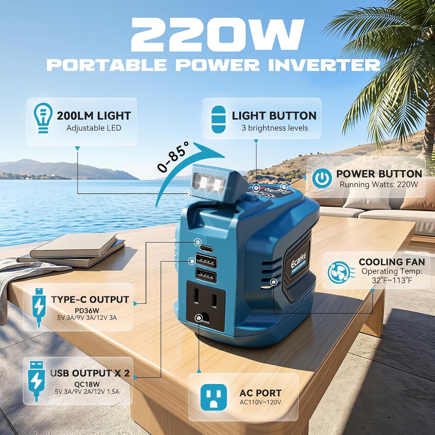 Ecarke 220W Portable Power Inverter Compatible with Makita 18V Battery