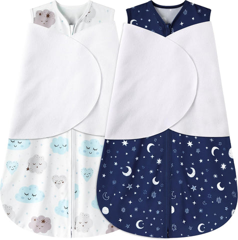 BSTOPPT Newborn Sleep Sack Baby Swaddle,3-6 Months,3-Way Adjustable Wearable Blanket,100% Rayon Cotton Swaddling sleeping bag，TOG 0.5（Clouds&Starry Sky）