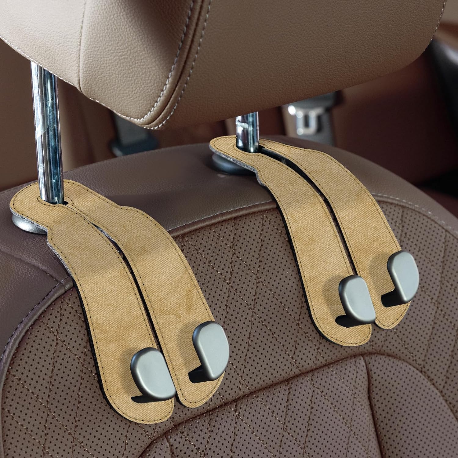 CoBak Purse Hook for Car - Universal Premium Stitched Leather and Aluminum-Magnesium Alloy Double Car Seat Back Storage Hook for Purses, Handbags, Bags (2 Pack),Linen