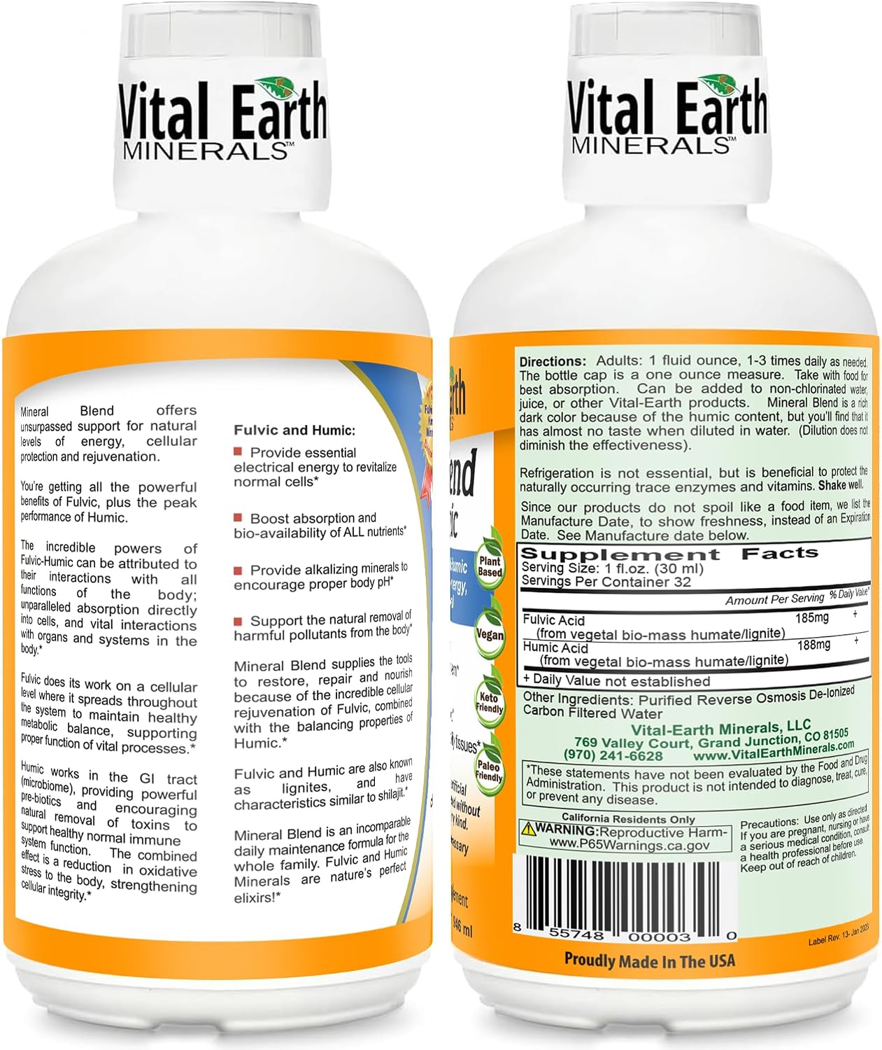 Vital Earth Minerals Fulvic Humic Mineral Blend Liquid 3-Pack – Fulvic Acid Supplement with 70+ Trace Minerals, Electrolytes for Recovery, Balance & Energy, 32 Oz Ea + 1 Oz Cup Ea