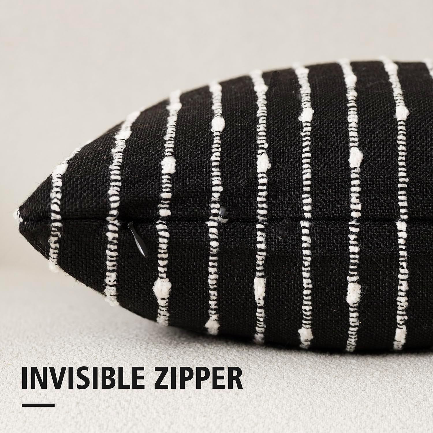 Foindtower Decorative Striped Boucle Throw Pillow Covers 22x22 Inch Black