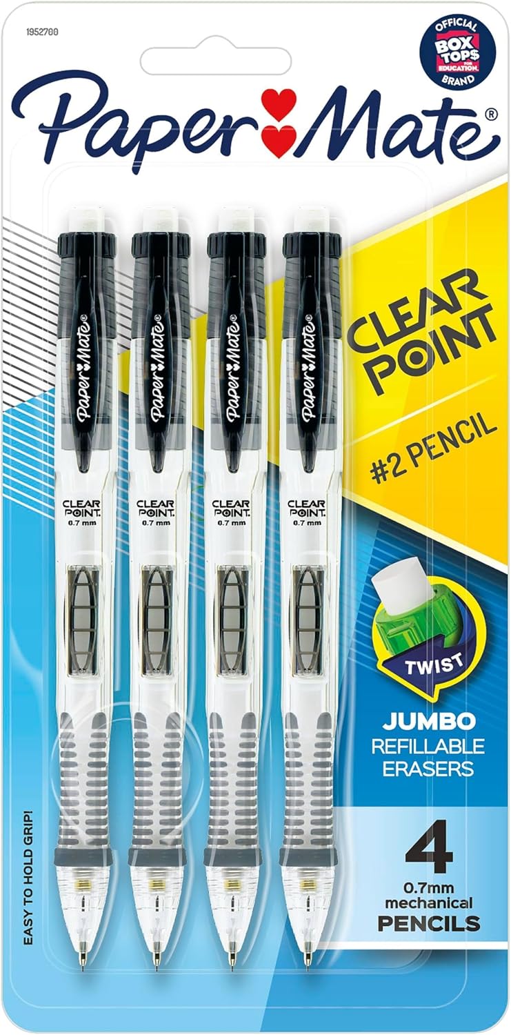 Paper Mate Clearpoint Mechanical Pencils, 0.7mm HB #2 Lead, Black Barrels, 4 Count - School Supplies, Note Taking