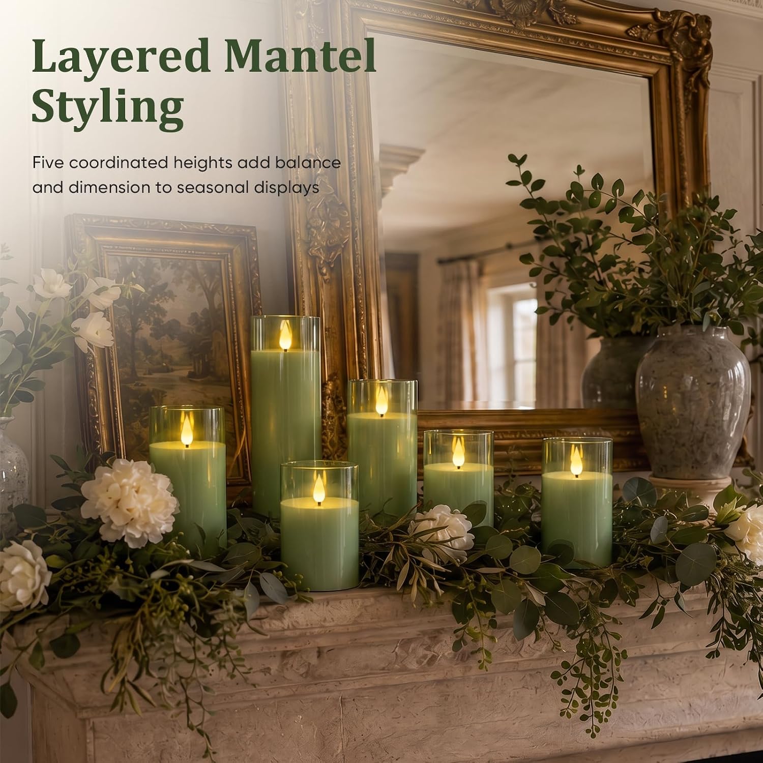 Homemory Sage Green Flameless Candles, Acrylic LED Pillar Candles with Remote Timer, Set of 5