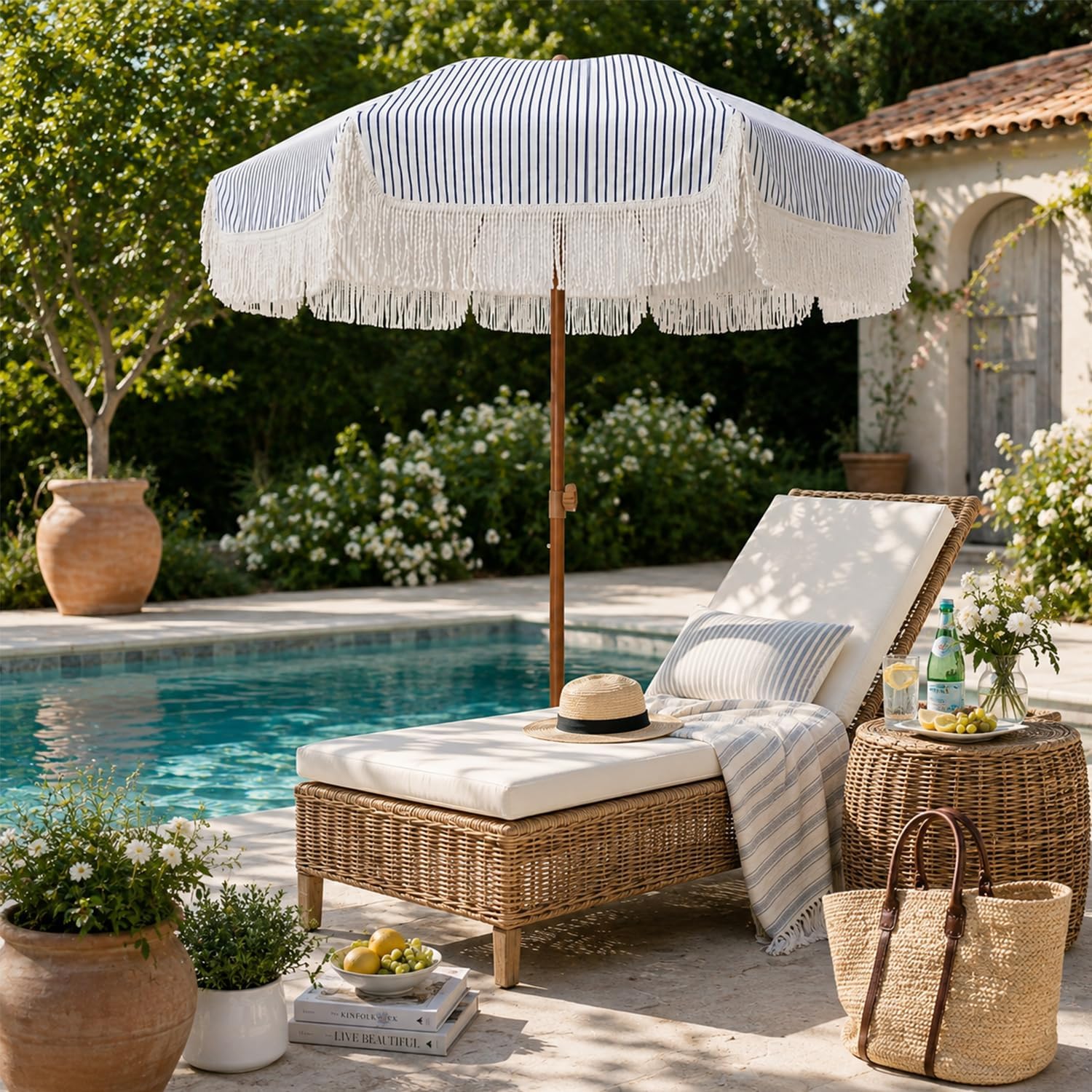 AMMSUN 7ft Patio Umbrella with Fringe Outdoor Tassel Umbrella UPF50+ Premium Steel Pole and Ribs Push Button Tilt, Navy Blue Stripes