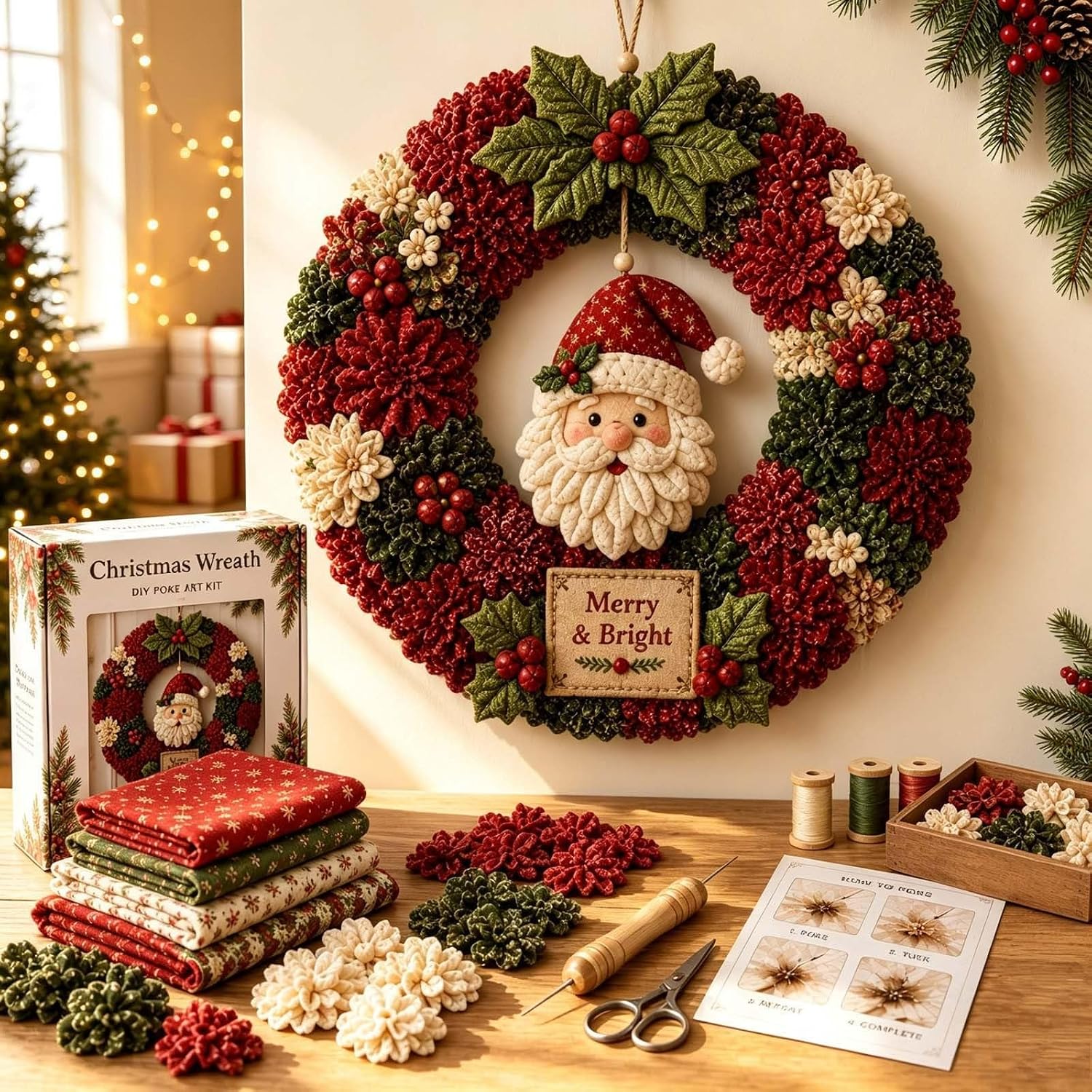 FAVIPT 3D Fabric Poke Wreath DIY Kit, Christmas Wreath DIY Kits for Adults