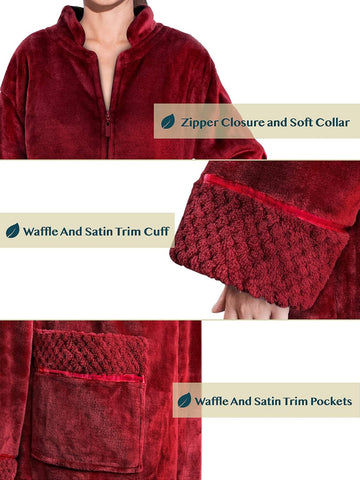 PAVILIA Womens Zip Up Robe with Pockets, Long Fleece Housecoat Bathrobe