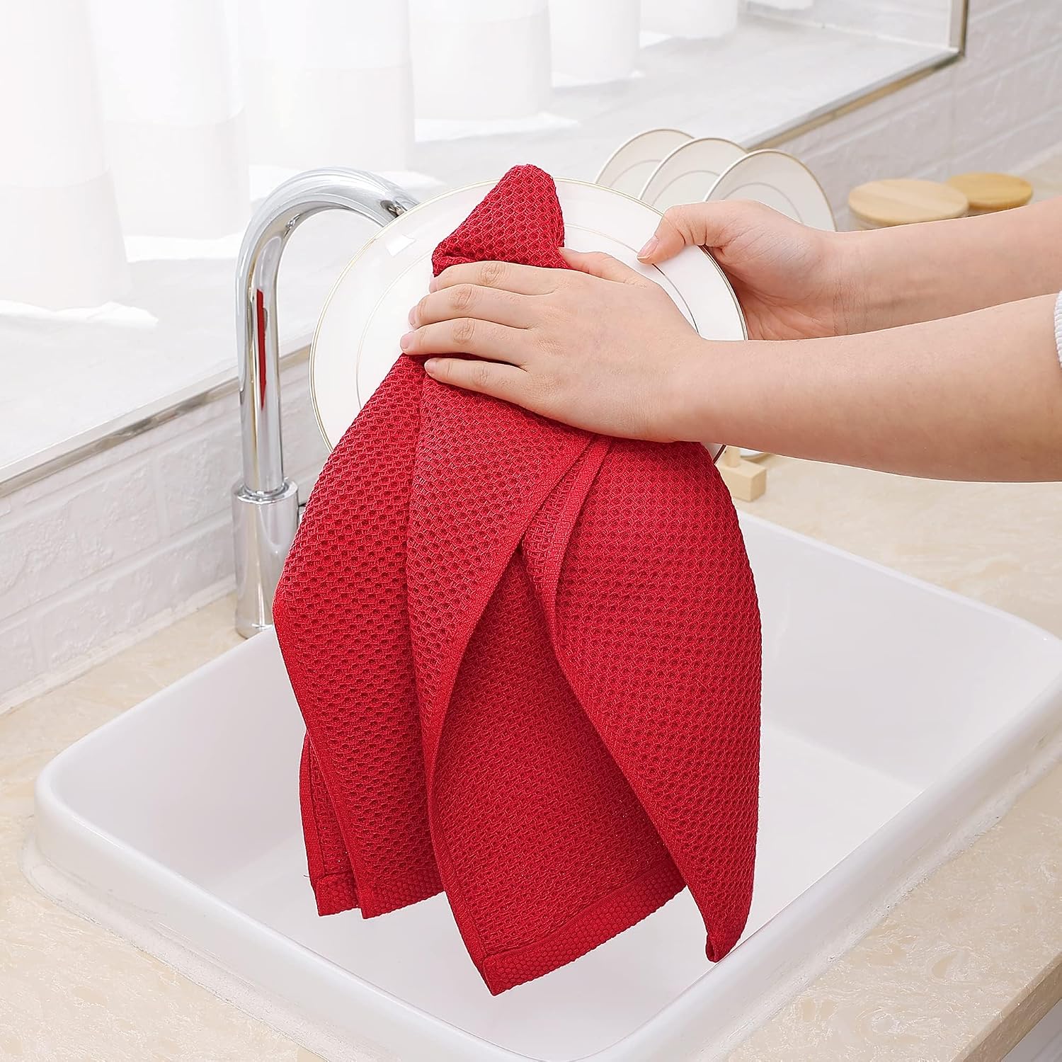 Homaxy 100% Cotton Waffle Weave Kitchen Dish Towels 6-Pack, Red