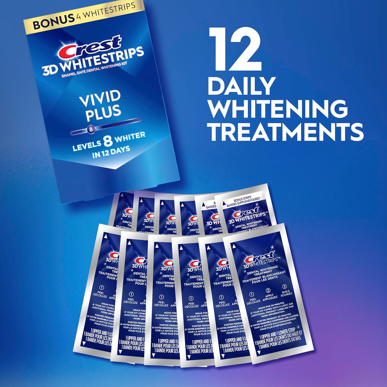 Crest Teeth Whitening Strips, Crest 3D Whitestrips Vivid Plus, Enamel Safe Teeth Whitening Kit, 12 Treatments (24 Strips), Visibly Whitens in Days, 8 Levels Whiter