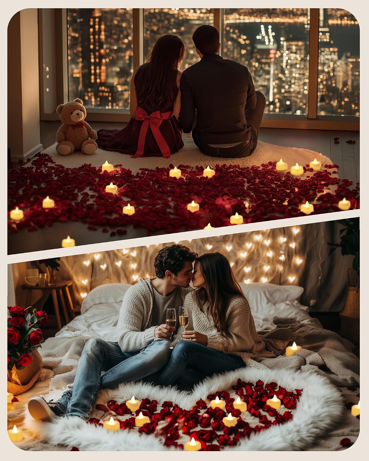 Amagic 1000 Pieces Artificial Rose Petals with 12 Heart LED Tea Lights Candles Kit, Rose Petals and Candles Set for Proposal, Anniversary, Valentine's Day, Special Romantic Night, Wedding Table Decor