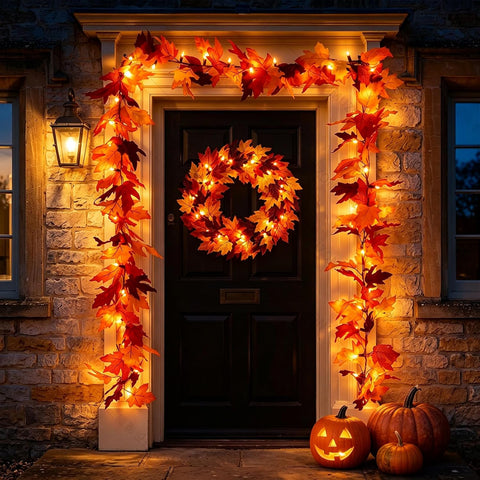 Timer-12Ft 50 LED Fall Garland with Lights,8 Modes Battery Operated Waterproof Fall Decorations Maple Leaf Lights for Mantle Fireplace Table Indoor Thanksgiving Decor
