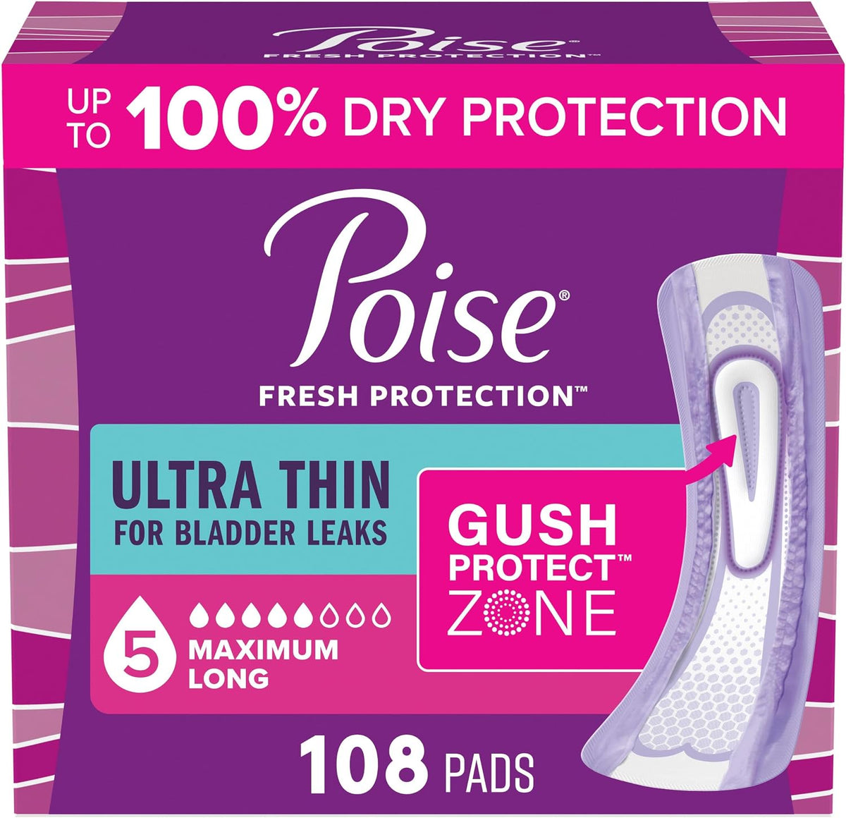 Poise Ultra Thin Incontinence & Postpartum Pads for Bladder Leaks, 5 Drop Maximum Absorbency, Long Length, 108 Count (Packaging May Vary)