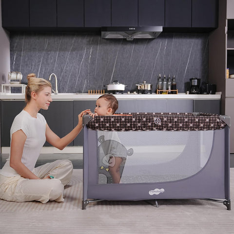 Pamo Babe Pack and Play Portable Crib Baby Playpen Foldable Playard for Infant Toddler with Mattress Pad, Lightweight Unisex Travel Crib Gray