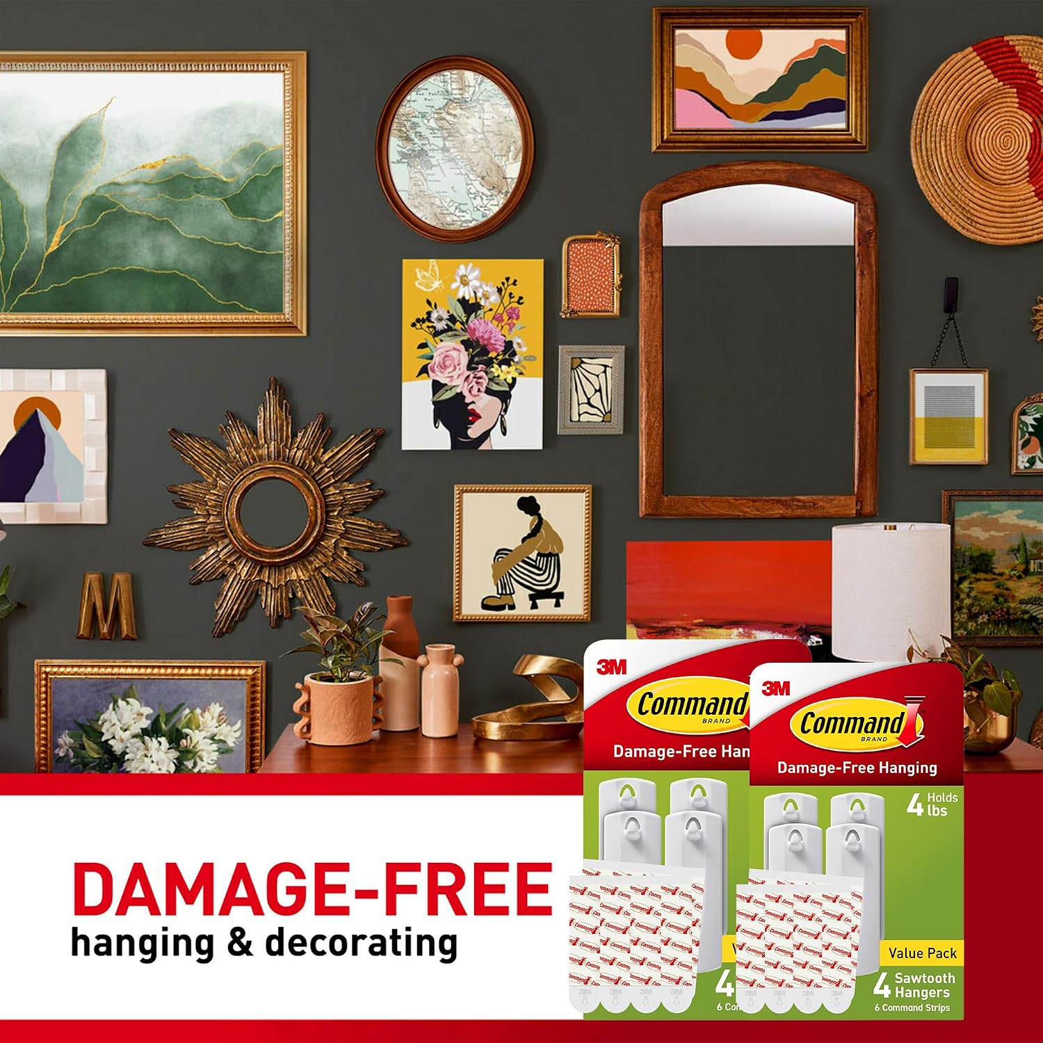 Command Sawtooth Picture Hangers, Damage Free Hanging Frame Hangers, No Tools Wall Hooks for Hanging Sawtooth Frames in Living Spaces, 8 White Picture Frame Hangers and 16 Command Strips