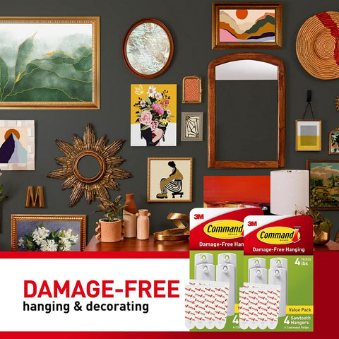 Command Sawtooth Picture Hangers, Damage Free Hanging Frame Hangers, No Tools Wall Hooks for Hanging Sawtooth Frames in Living Spaces, 8 White Picture Frame Hangers and 16 Command Strips