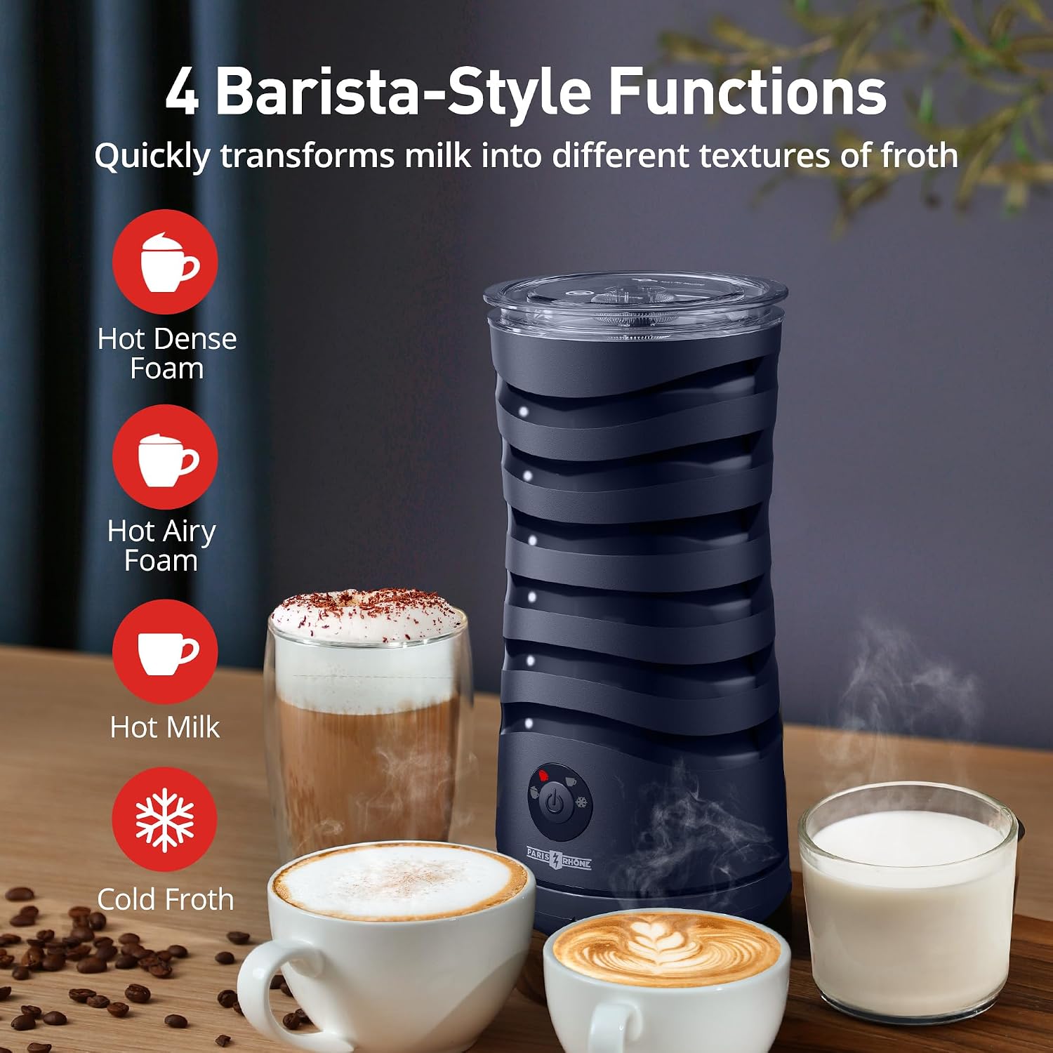 Paris Rhône 4-in-1 Milk Frother & Steamer, Hot & Cold Foam Maker