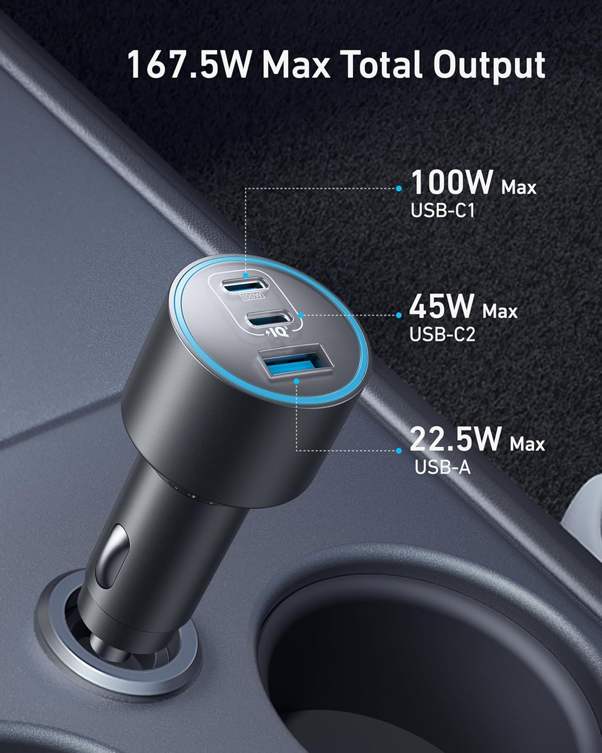 Anker 167.5W Max 3-Port Ultra-Compact USB C Fast Charging Car Charger