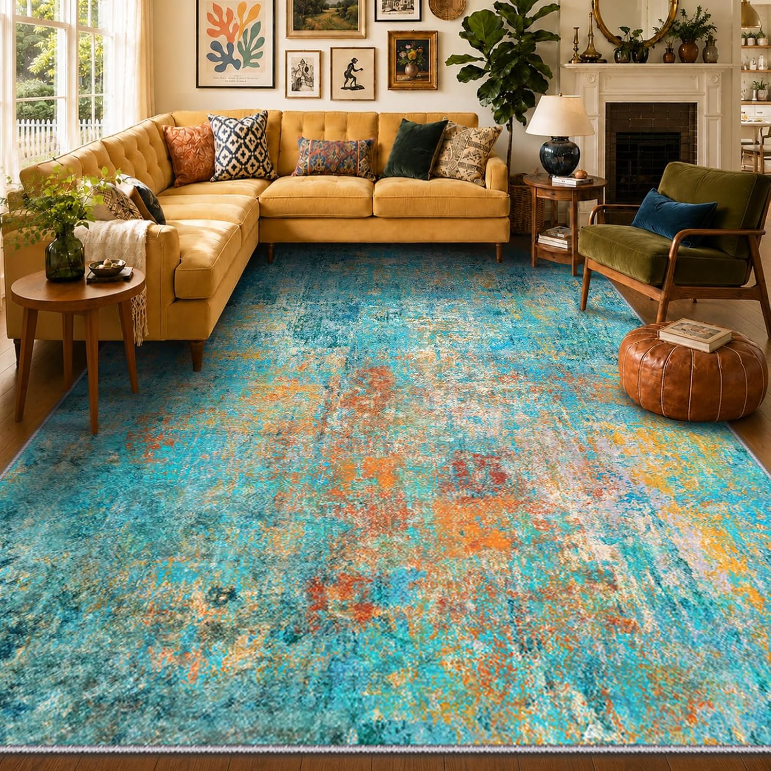RELEANY Washable 8'x10' Abstract Area Rug for Living Room Teal Multi