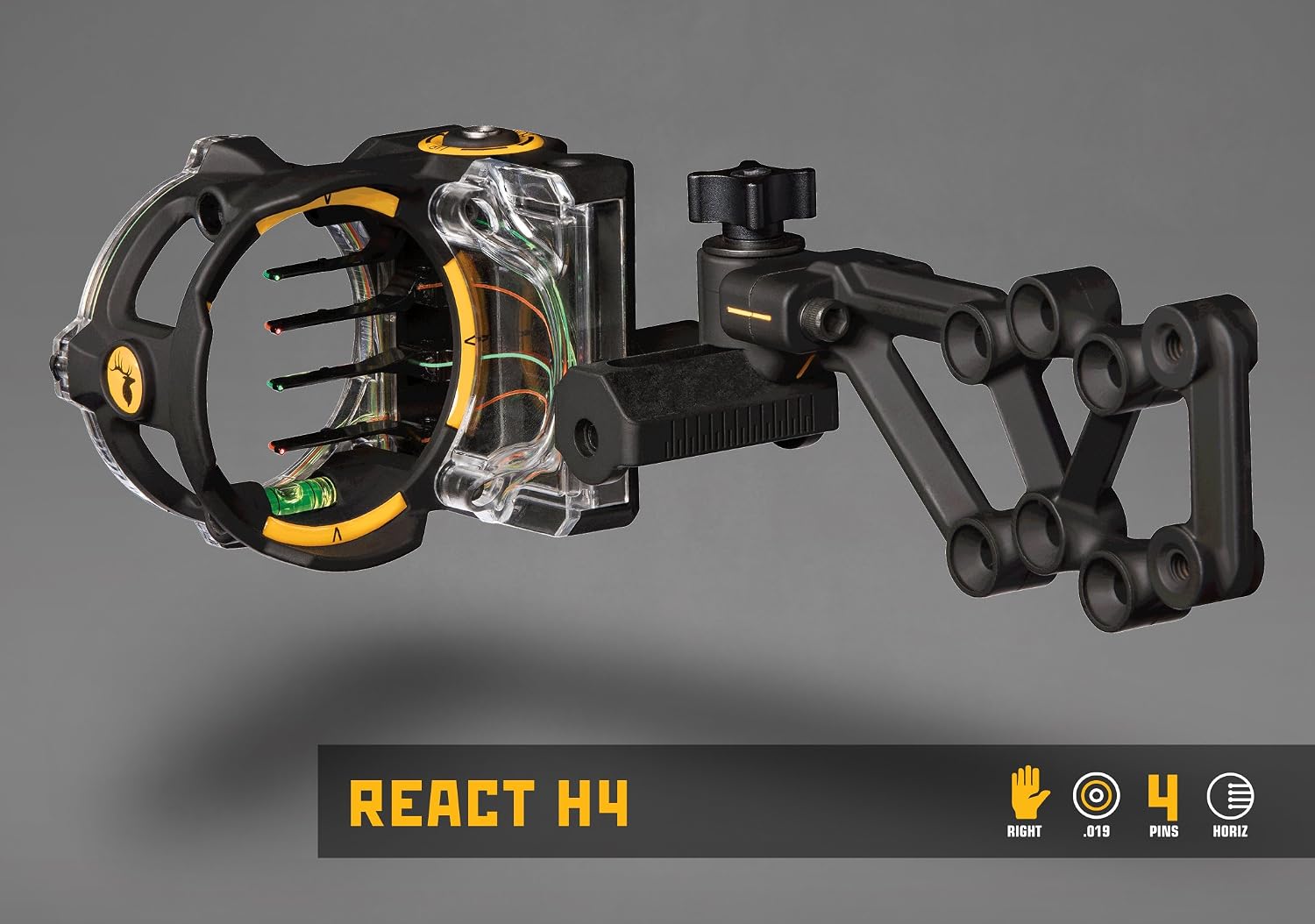 Trophy Ridge React H4 Bow Sight - 4 Pin Sight, Tool Less Windage and Elevation Adustability, 2nd Axis Leveling, Adjustable Click Light