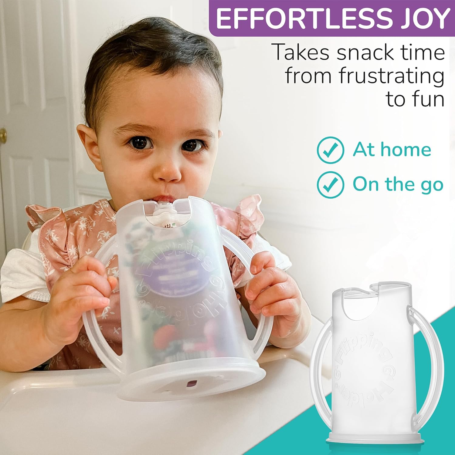 Flipping Holder Squeeze Proof Food Pouch Holder for Toddlers, Babies, Kids, Mess Free No Squeeze Juice Box Drink Holder with Easy Grip Handles and Lid - Made in USA (White 3 Pack)