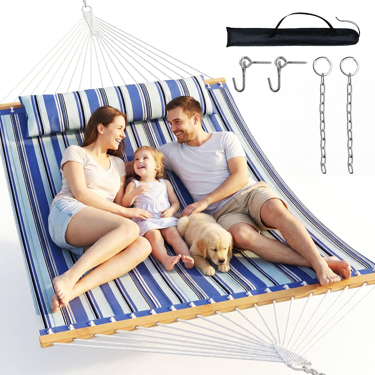 Everyfun 2 Person Quilted Hammock with Spreader Bar, 500lbs Capacity, Blue