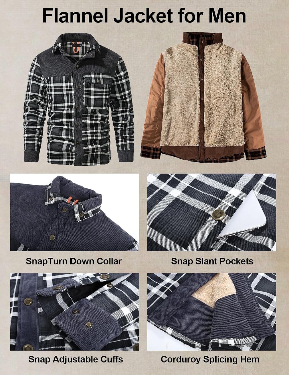 Flygo Men's Sherpa Lined Plaid Flannel Shirt Jacket Snap Button Warm Winter Jacket with Pockets