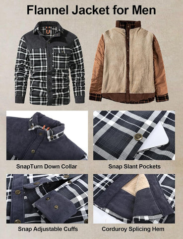 Flygo Men's Sherpa Lined Plaid Flannel Shirt Jacket Snap Button Warm Winter Jacket with Pockets