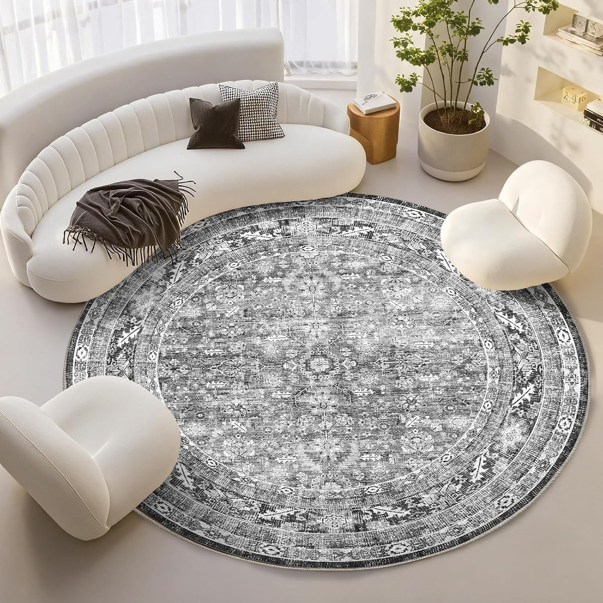 OPPODREAM Vintage Grey Area Rugs 8' Round, Washable Rug for Living Room