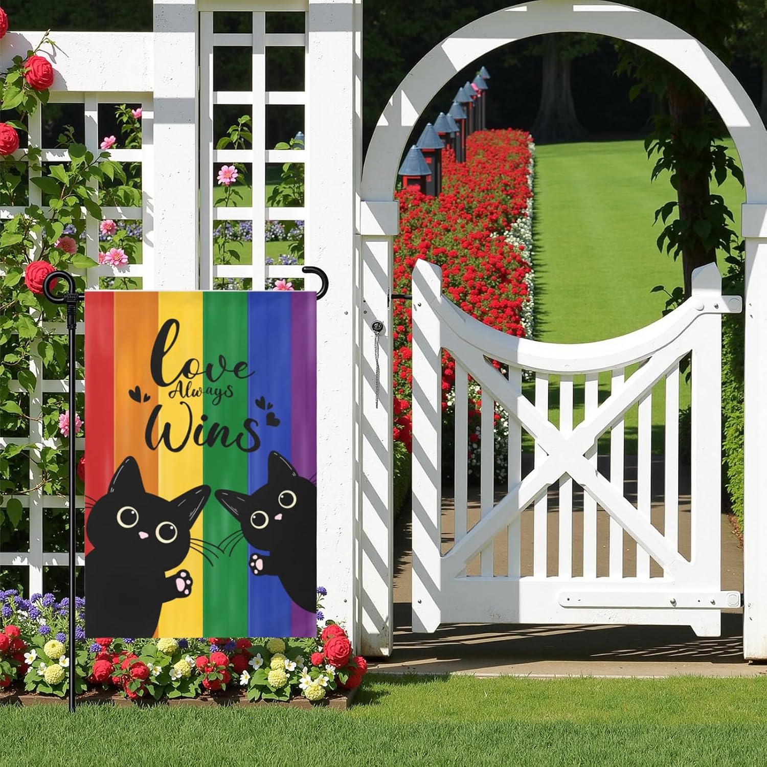 Pride Love Always Wins Garden Flags 12x18 Double Sided Rainbow Gay Lesbian Small Flags for Outside LGBT Pansexual Black Cat Decorations Yard Flags for Outdoor Lawn