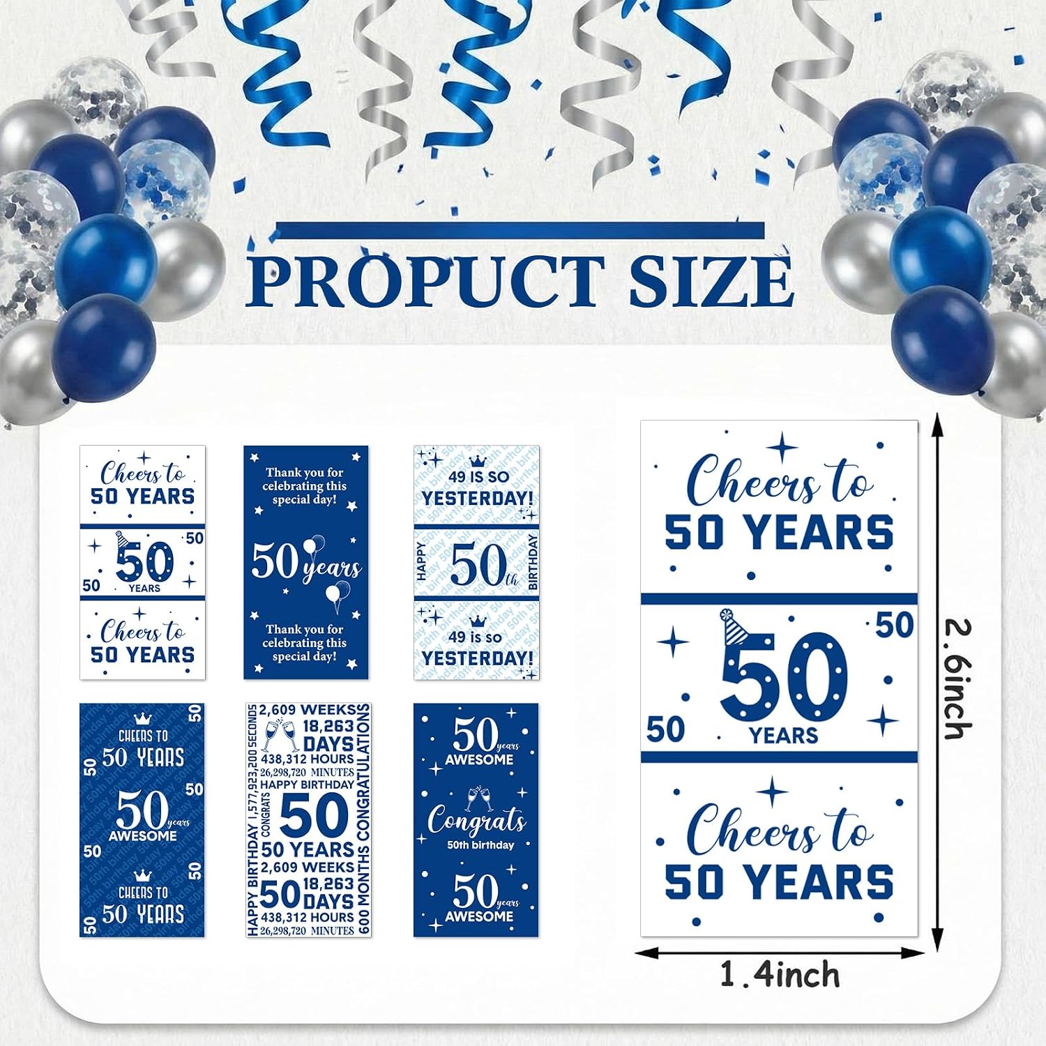 Tenare 90 Pcs 50th Birthday Candy Wrappers, Blue and Silver Stickers