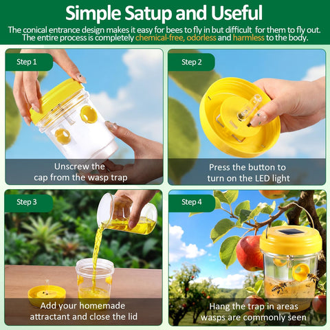 Wasp Trap, Solar Wasp Traps Outdoor Hanging, Yellow Jacket Traps, Carpenter Bee and Hornet Catcher, Reusable Wasp Traps with Led Light, Bee Killer and Wasp Catcher for Outside Patio Backyard Garden