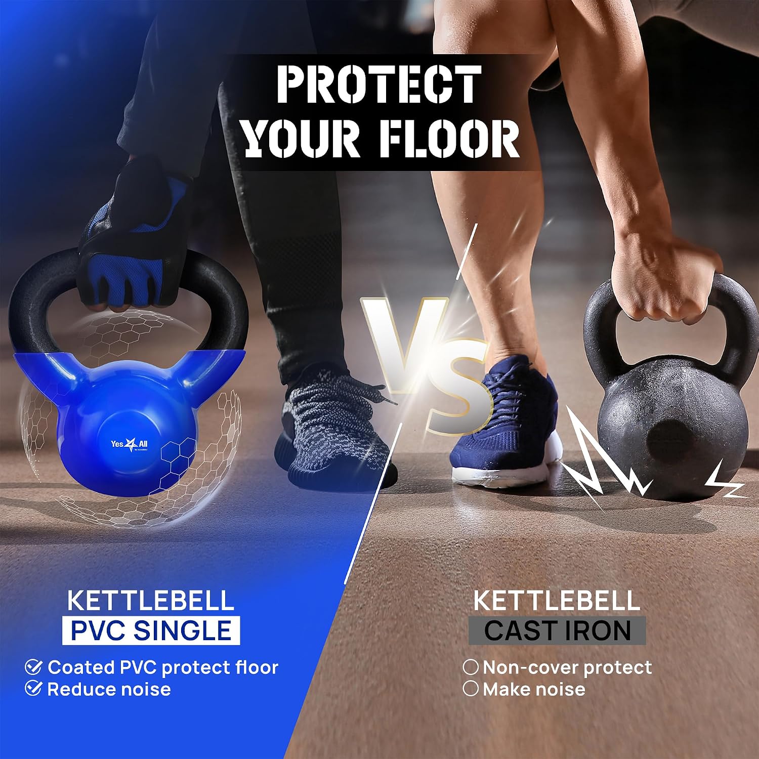 Yes4All Kettlebell, 5-100 LB Vinyl Coated Cast Iron Strength Training Kettlebells for Home Gym Exercises, Fitness, Full Body Workout Equipment, Push Ups, and Grip Strength