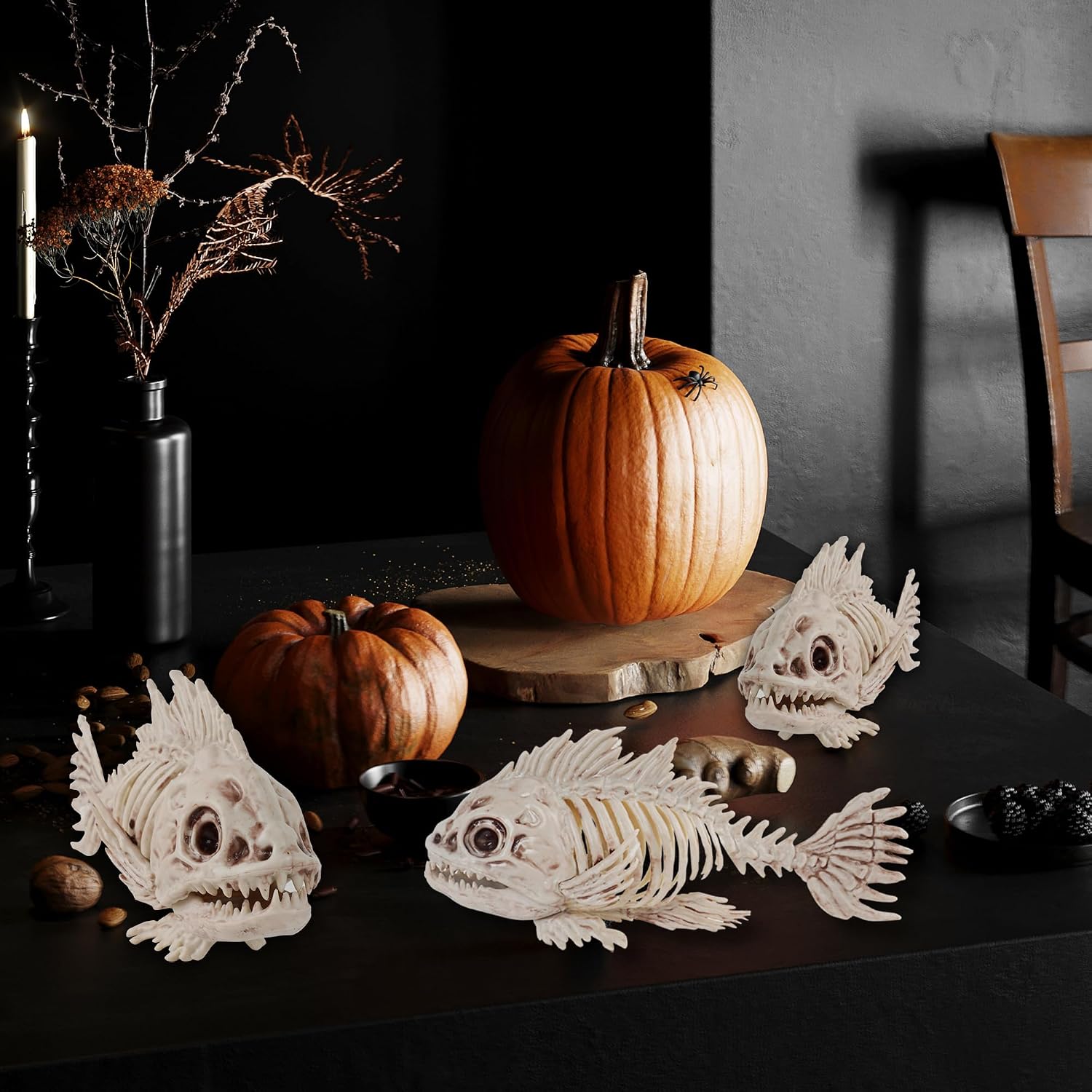 NEROSUN Halloween Fish Skeletons Decorations, 3 Pack 10" Animal Skeleton Plastic Realistic Bones, Fish Bones Spooky Graveyard Prop for Haunted House Halloween Party Decor