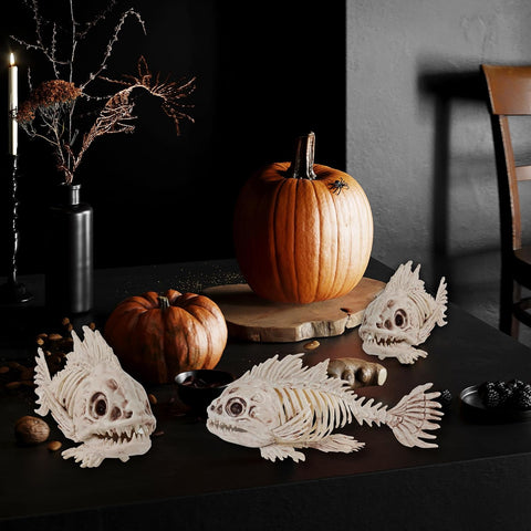 NEROSUN Halloween Fish Skeletons Decorations, 3 Pack 10" Animal Skeleton Plastic Realistic Bones, Fish Bones Spooky Graveyard Prop for Haunted House Halloween Party Decor