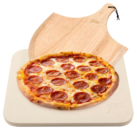 HANS GRILL PIZZA STONE | Rectangular Pizza Stone For Oven Baking & BBQ Grilling With Free Wooden Peel | Extra Large 15 x 12" Inch Durable Cordierite Cooking Stone.