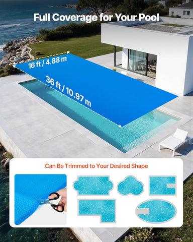 VEVOR Solar Pool Cover 36 x 16 ft, 12 Mil Rectangle Solar Blanket Blue