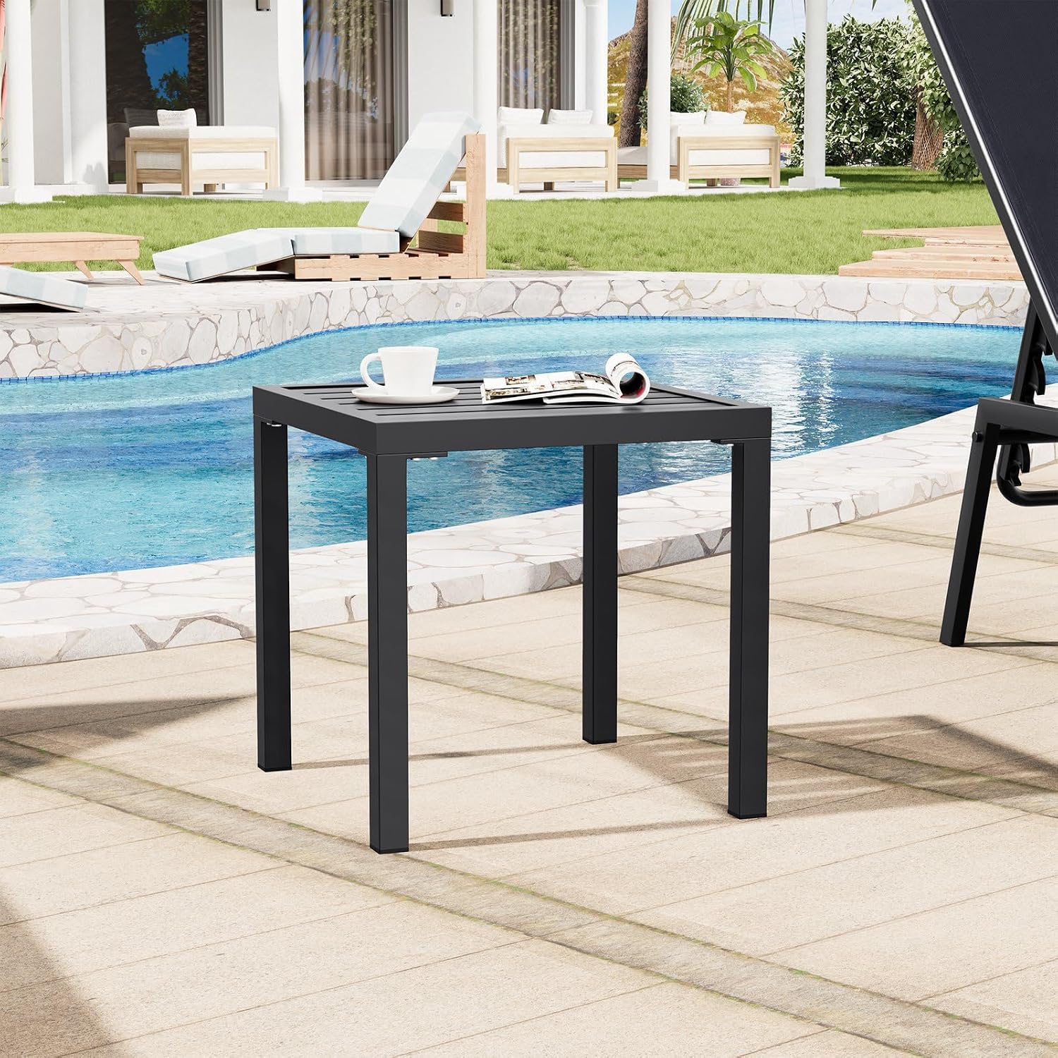Outdoor Metal Side Table Set of 2, Patio Small Square End Table, Black