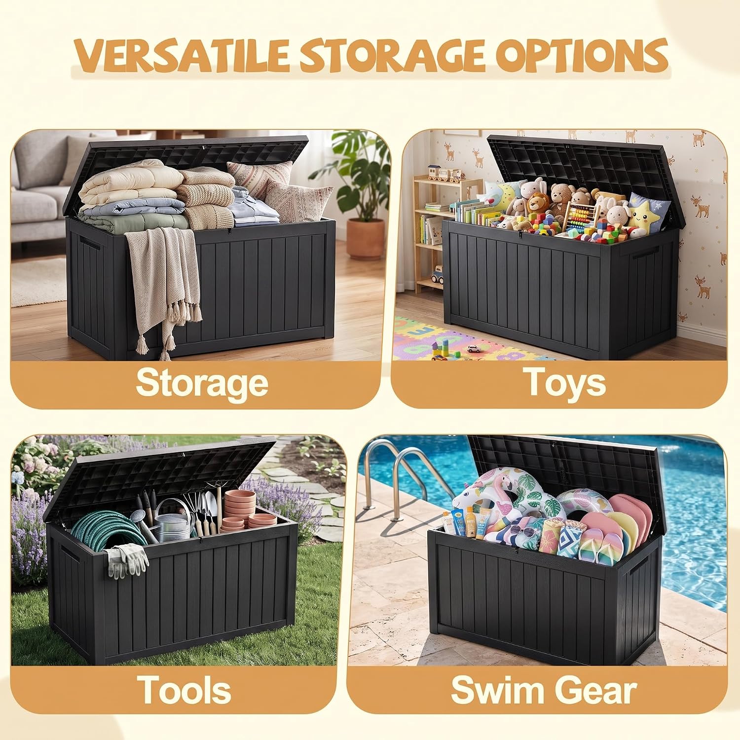 EFU Outdoor Storage Box Waterproof 380 Gal Gen 2 Resin Deck Box Gas Struts