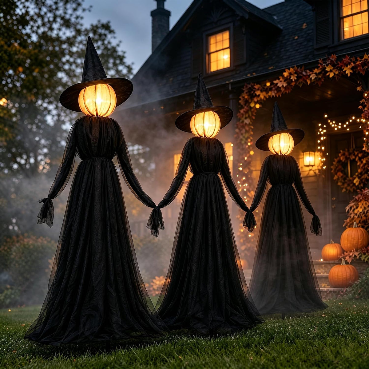 NEROSUN Halloween Witches Decorations Outdoor, 5 FT Set of 3 Light Up Holding Hands Witches with Stakes and Timer Function, Glowing Face Witch Decorations for Yard Garden Lawn Haunted House
