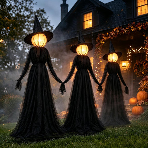 NEROSUN Halloween Witches Decorations Outdoor, 5 FT Set of 3 Light Up Holding Hands Witches with Stakes and Timer Function, Glowing Face Witch Decorations for Yard Garden Lawn Haunted House