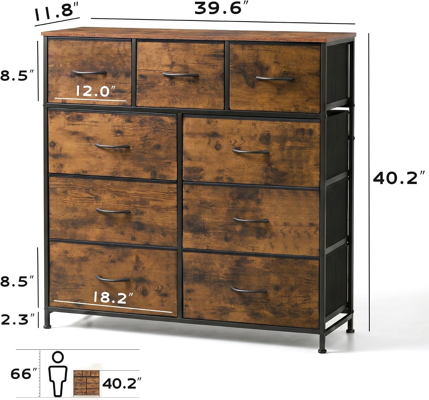 WLIVE Tall Dresser for Bedroom, 9 Drawer Chest of Drawers, Rustic Brown