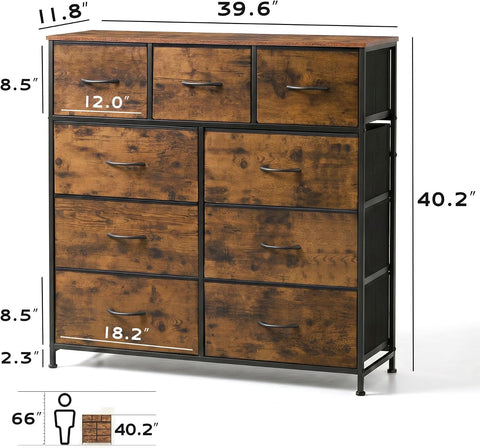 WLIVE Tall Dresser for Bedroom, 9 Drawer Chest of Drawers, Rustic Brown