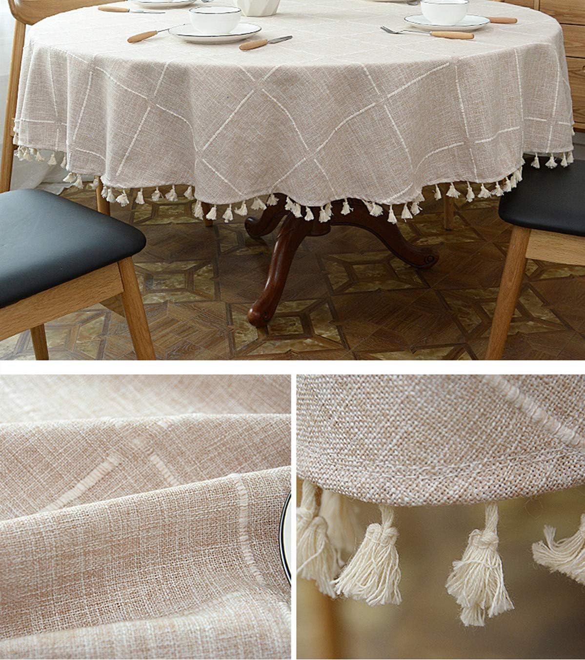Dimatic Heavy Weight Cotton Linen Tablecloth, Plaid Tassel Round Table Cover for Kitchen Dining Room Tabletop Decorations, Round - 70", Beige
