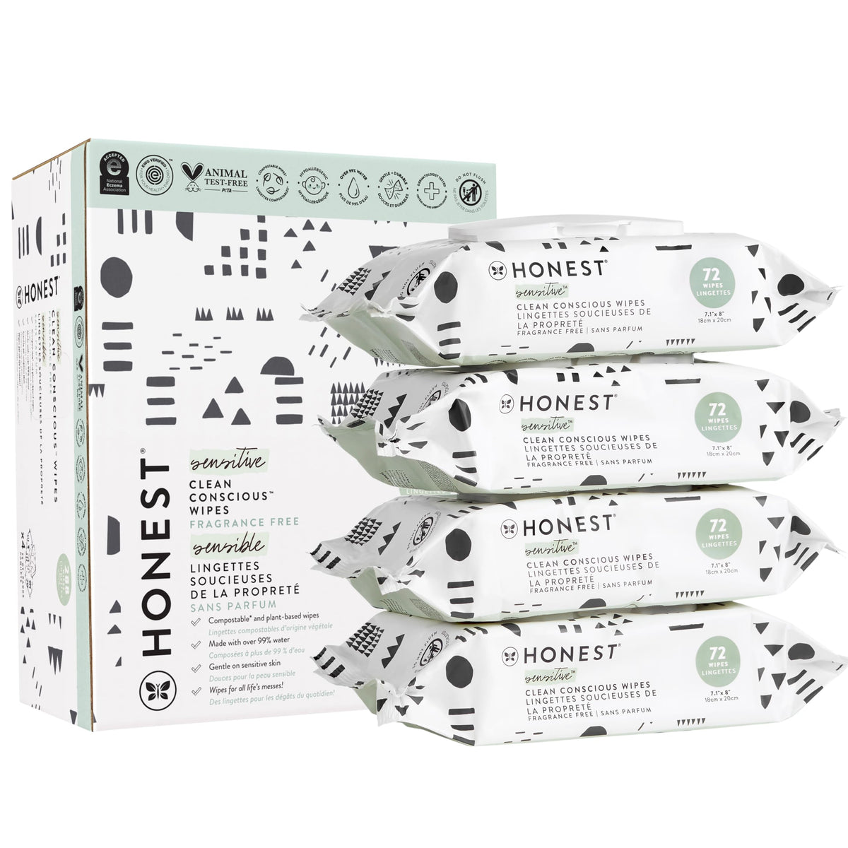 The Honest Company Clean Conscious Unscented Wipes | Over 99% Water, Compostable, Plant-Based, Baby Wipes | Hypoallergenic for Sensitive Skin, EWG Verified | Pattern Play, 288 Count