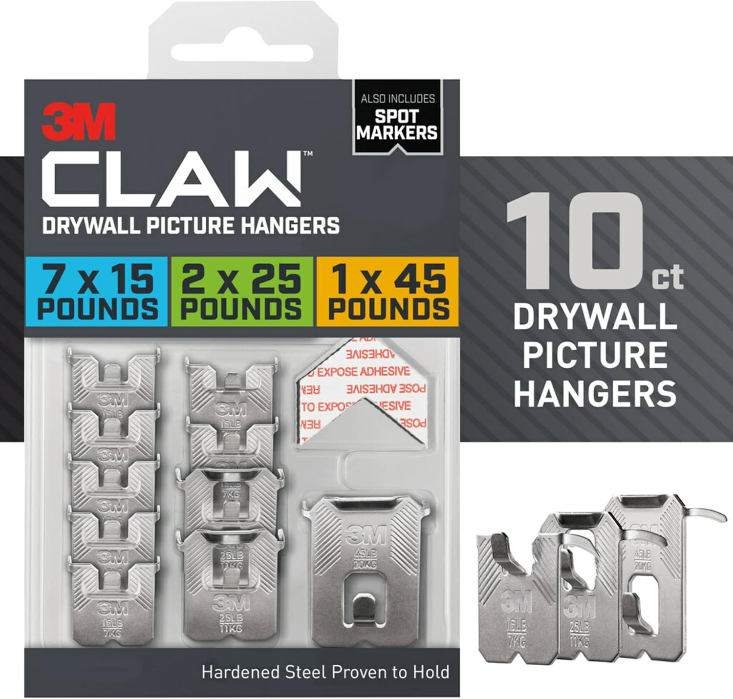 3M CLAW 45 lb Drywall Picture Hangers, 10 Wall Hangers, 10 Spot Markers
