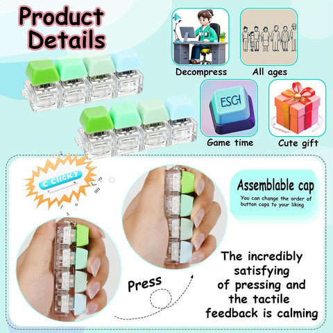 2 PCS Keyboard Fidget Toy, Keyboard Fidget Keychain 4-in-1 Keyboard Decompression Button Finger Clicker Toys, Button Stress Relief Fidget Gifts to Relief Stress (Fours Colors-Green)