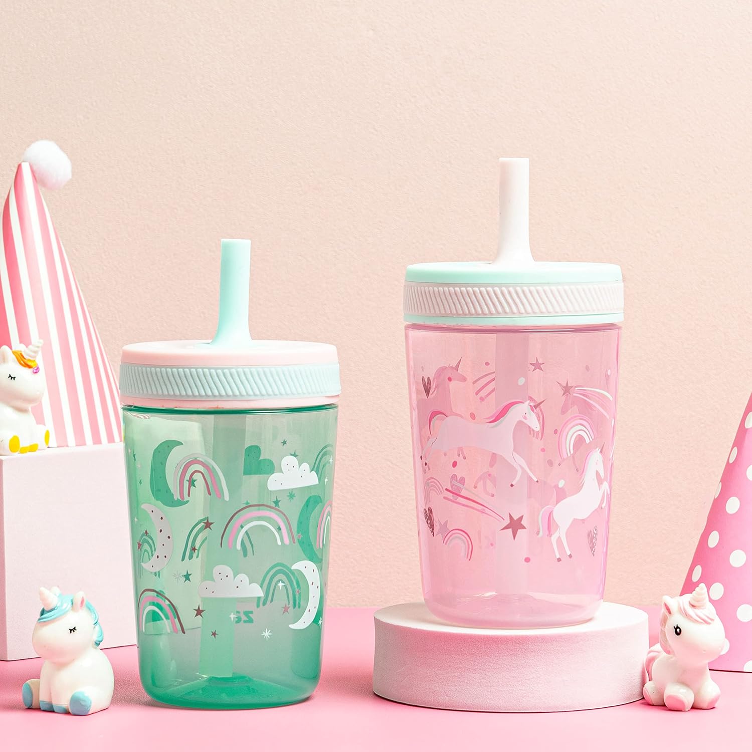 Zak Designs Kelso Toddler Cups For Travel or At Home, 15oz 2-Pack Durable Plastic Sippy Cups With Leak-Proof Design is Perfect For Kids (Fanciful Unicorn, Happy Skies)
