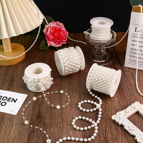 4 Rolls 76 Feet Pearls String Garland, Faux Pearl Beads Roll Strand for Crafts, Artificial Pearls Chain Trim for Wedding Party Flower Valentine Christmas Decoration, 4mm 6mm 8mm 8+3mm, Ivory
