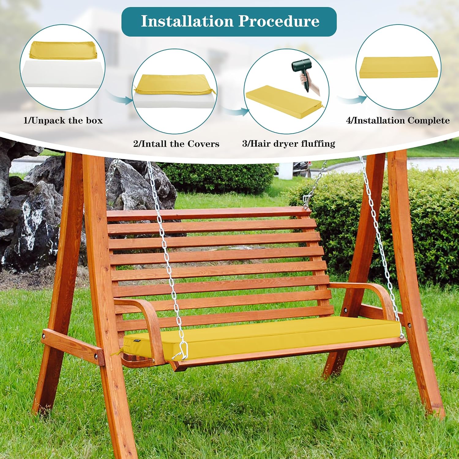 Outdoor Bench Cushion Waterproof 42 x 18 x 3 Inch, Yellow