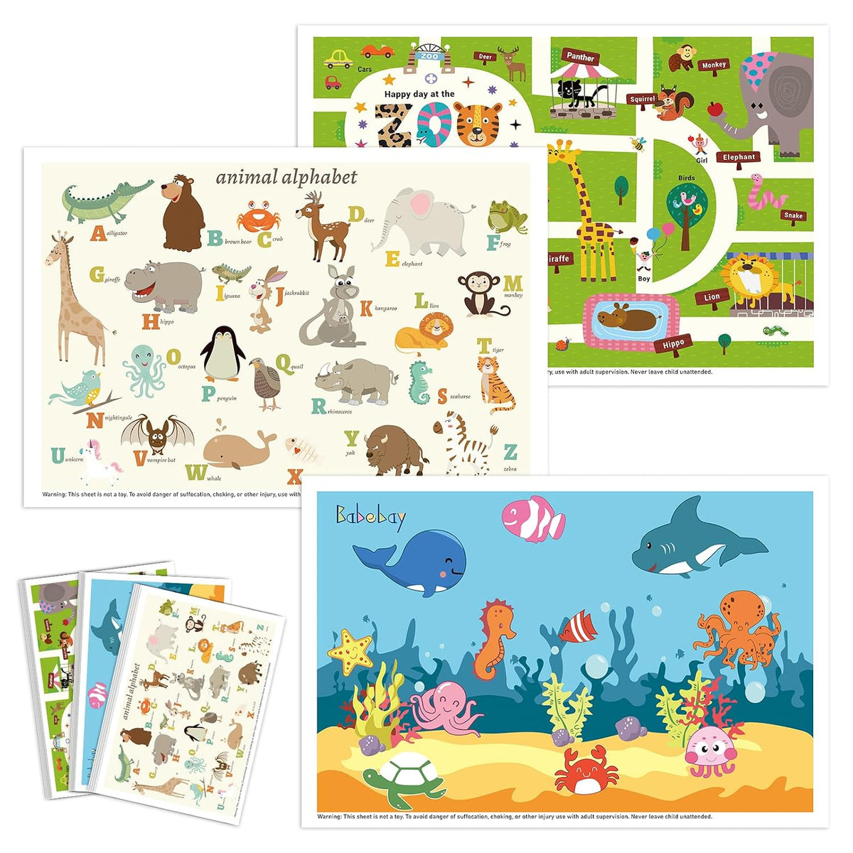 Babebay Disposable Stick-On Placemats for Baby, 60 Pack, 3 Animal Designs